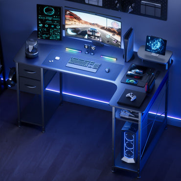 Mesa Gamer em L com Gavetas, Mesa de Computador em Fibra de Carbono com Suporte para Monitor, Mesa Gamer para Escritório Doméstico