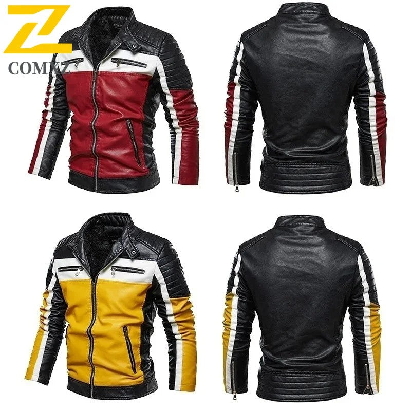 Men Yellow PU Leather Jacket Patchwork Biker Jackets Casual Zipper Coat Male Motorcycle Jacket Slim Fit Fur Lined Outwear Coat