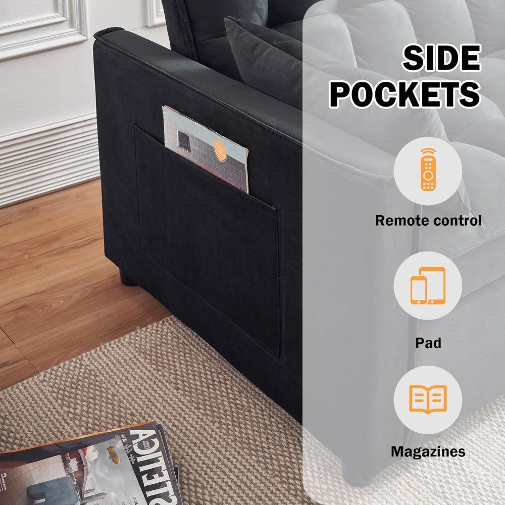 Sleeper Sofa Bed, 3-in-1 Velvet Pull Out Couch with Armrests, Storage Pockets and 2 Pillows, Adjustable Backrest, Sofa Bed Couch