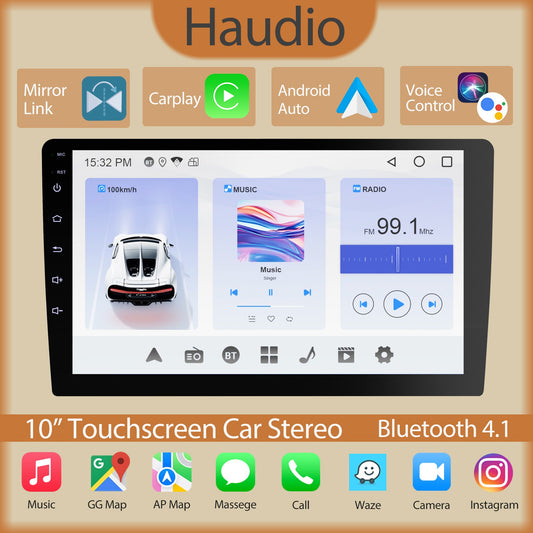 Haudio 10.1" Wireless Double Din Car Stereo with Carplay & Android Auto, Car Radio with BT 4.1/Mirror Link/Backup Camera/FM/AM