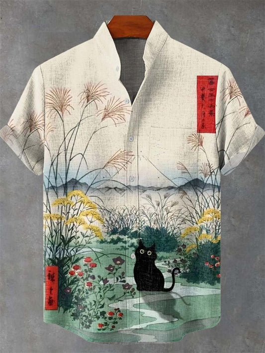 Men's Linen Short Sleeve Shirt Casual Top Single Button Vintage Cartoon And Art Cat Summer Print Top