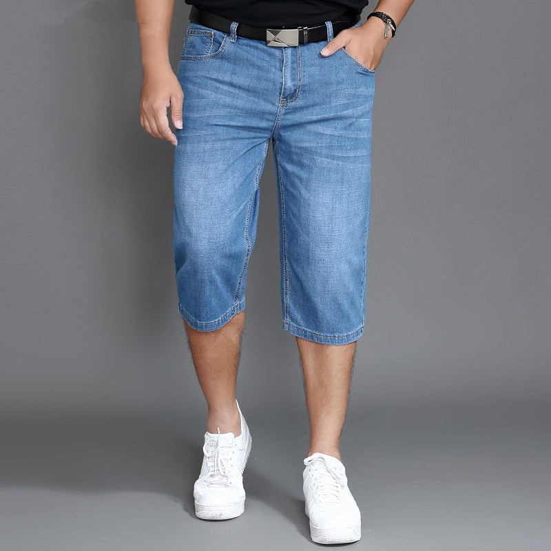 Summer Shorts Calf Length Trousers Plus Size 48 42 Men Denim Elastic Stretched Thin Jean Oversized Classic Straight Streetwear