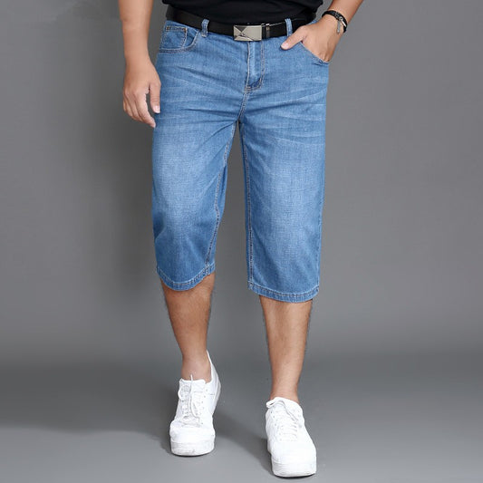 Summer Shorts Calf Length Trousers Plus Size 48 42 Men Denim Elastic Stretched Thin Jean Oversized Classic Straight Streetwear