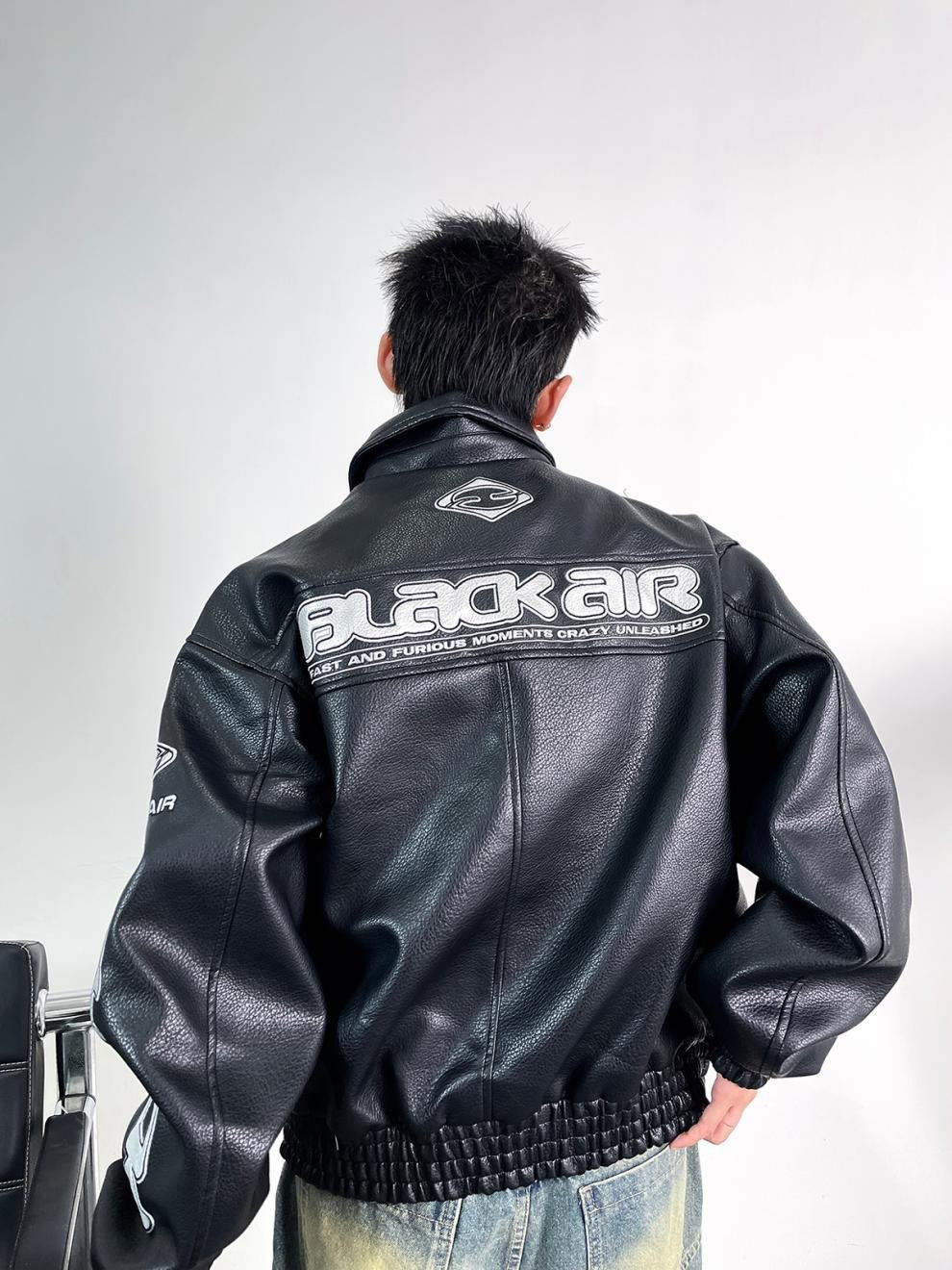 Heavy Duty Embroidered Men's Motorcycle Leather Jacket, Silver Edgy Aesthetic Windbreaker for Men, Autumn Fashion Mans Clothes