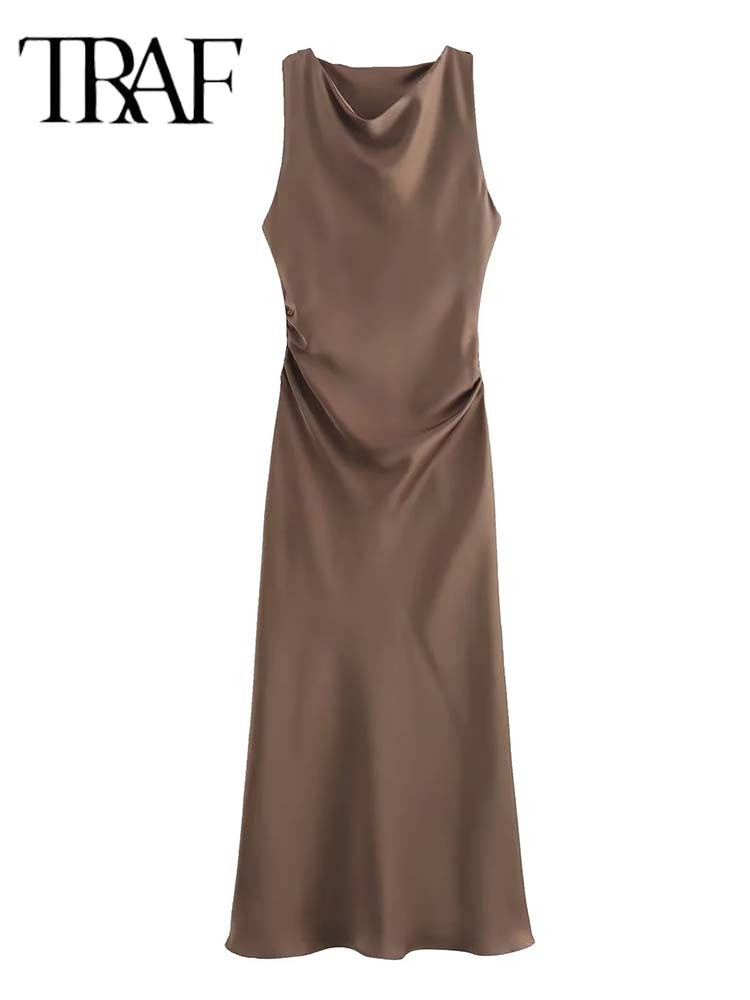 TRAF Satin Long Dresses for Women 2024 Summer Slip Midi Dress Woman Sexy Evening
