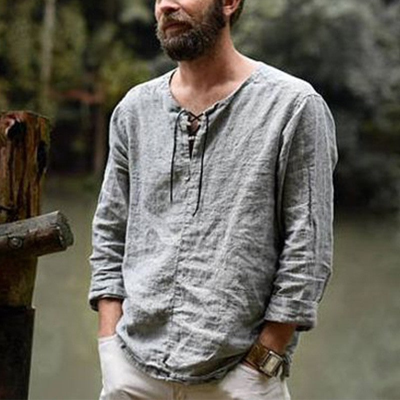 New Men's Cotton Linen shirt Male Solid Color V Neck bandage T-shirts Summer Men's Casual Long Sleeves Linen shirt Tops S-3XL