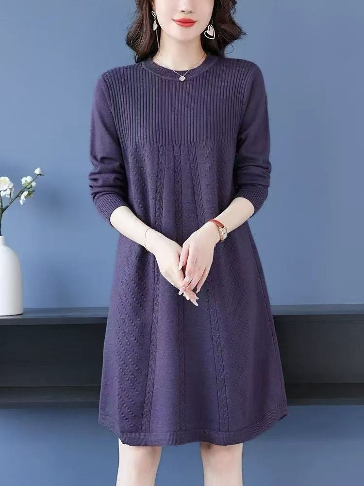 Women's Clothing Elegant All-match Solid Knit Dresses Autumn Winter New Casual Loose Long Sleeve Knee-Length Sweater Pullovers
