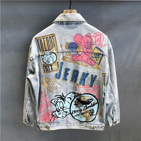 Fashion Cartoon Graphic Print Denim Jacket Men Streetwear Trend Hole Casual Loose Jean Jackets Coat Tops Clothing