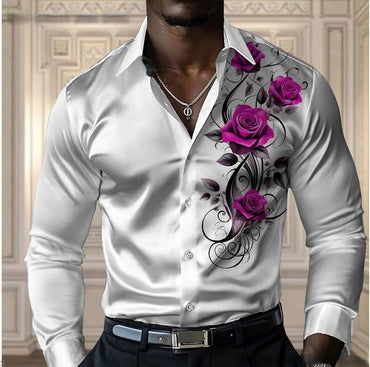 High-end men's rose shirt, casual and comfortable button-down long-sleeved shirt, fashionable four-season shirt, plus-size desig
