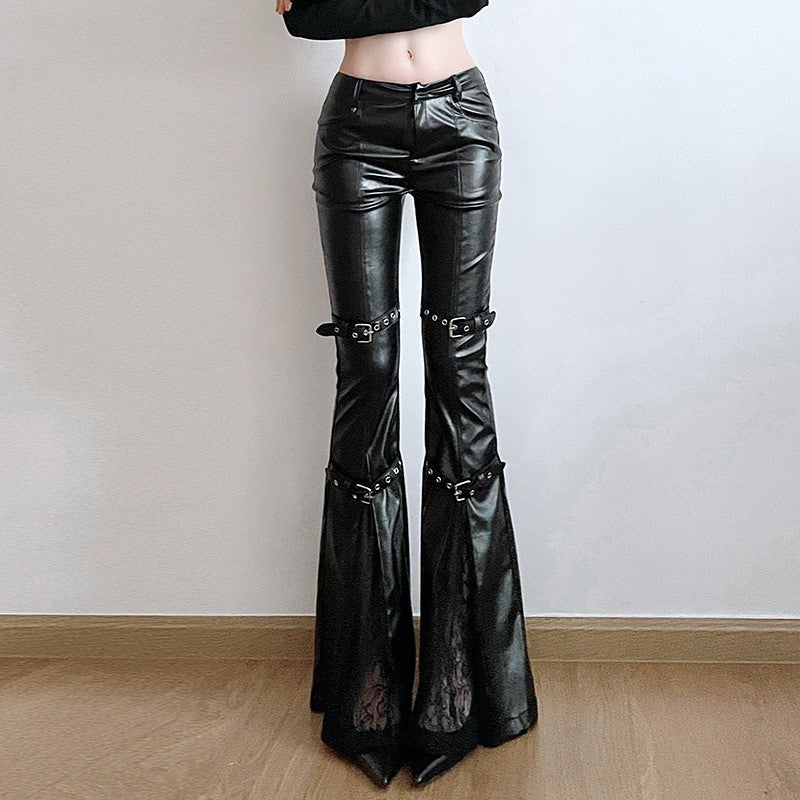 PU Leather Flare Pant Goth Buckle Lace Patchwork Pants Women Fashion Y2K Streetwear Vintage Aesthetics Casual Pants Trousers