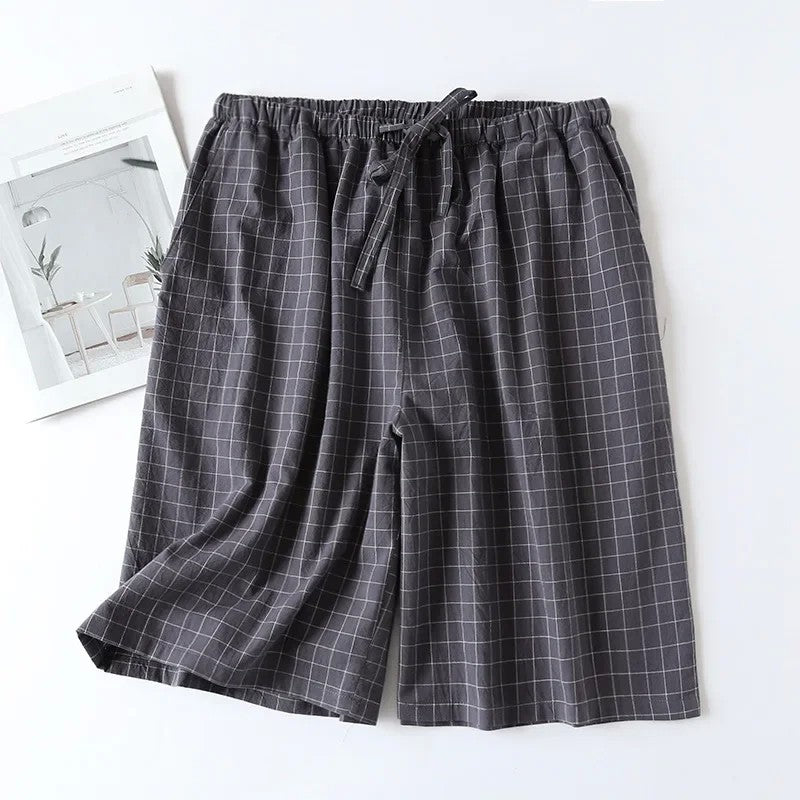 Plaid Design Sleepwear Men Pajama Shorts for Summer Thin Cotton Loose Double-layer Homewear Lounge Wear Checkered Pj Pants