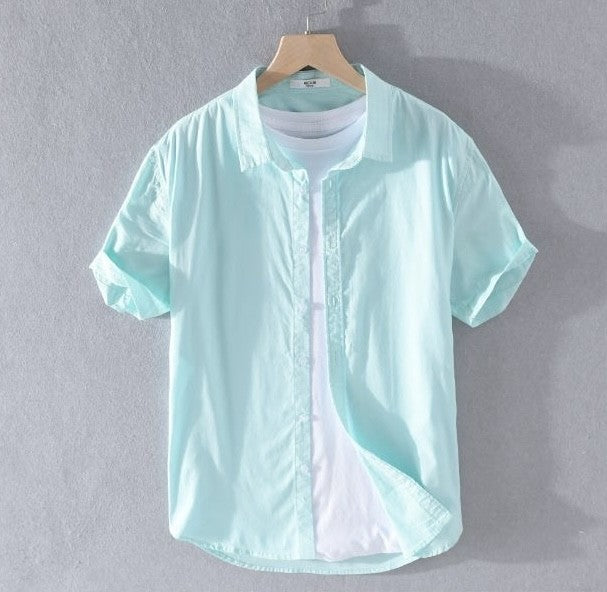 High Quality Cotton Linen Men's Summer Fashion Shirt Solid Color Simple Casual Short Sleeve Blouses Basic Thin Breathable Tops