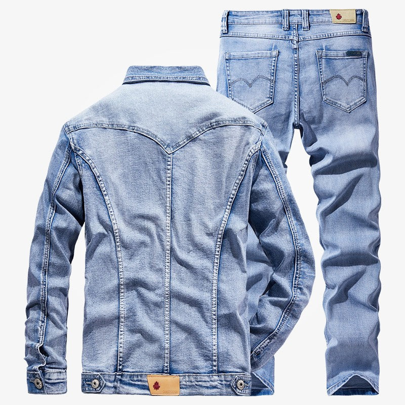 Sets Blue Jean Jackets Men's Fashion Multi Pockets Loose Casual Cotton Vintage Street Cowboy Coats Brand Clothes Denim Pants Men