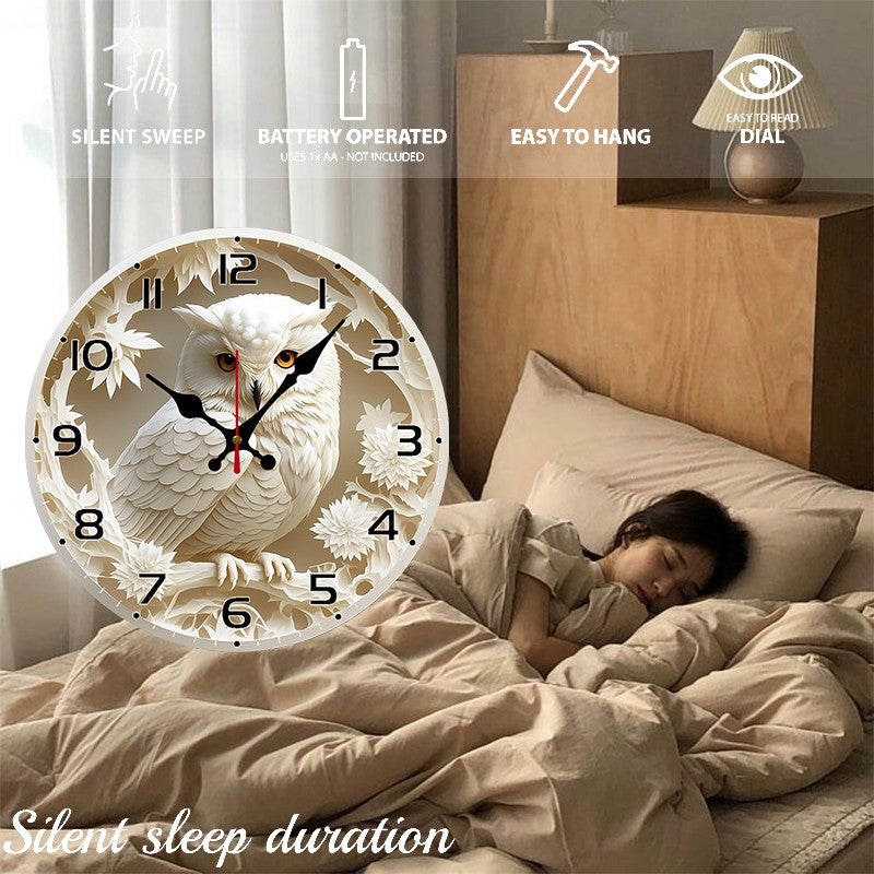 White Owl Wooden Round Silent Hanging Wall Clock, Suitable For Living Room, Office, Study Room, Bedroom, Home Decoration