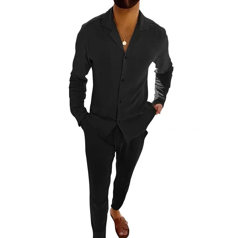 All Match Men's Tracksuit Fashion Solid 2024 Two Piece Slim Suit Autumn New Long Sleeve Button Shirts Top&Drawstring Pants Set