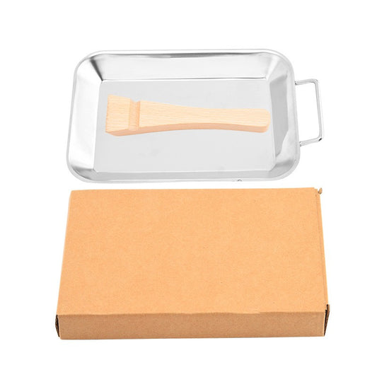 Stainless Steel Rectangle Plate Removable Anti-scalding Wooden Handle Tray Barbecue Grill for Outdoor BBQ Sushi Tray, Cake Tray