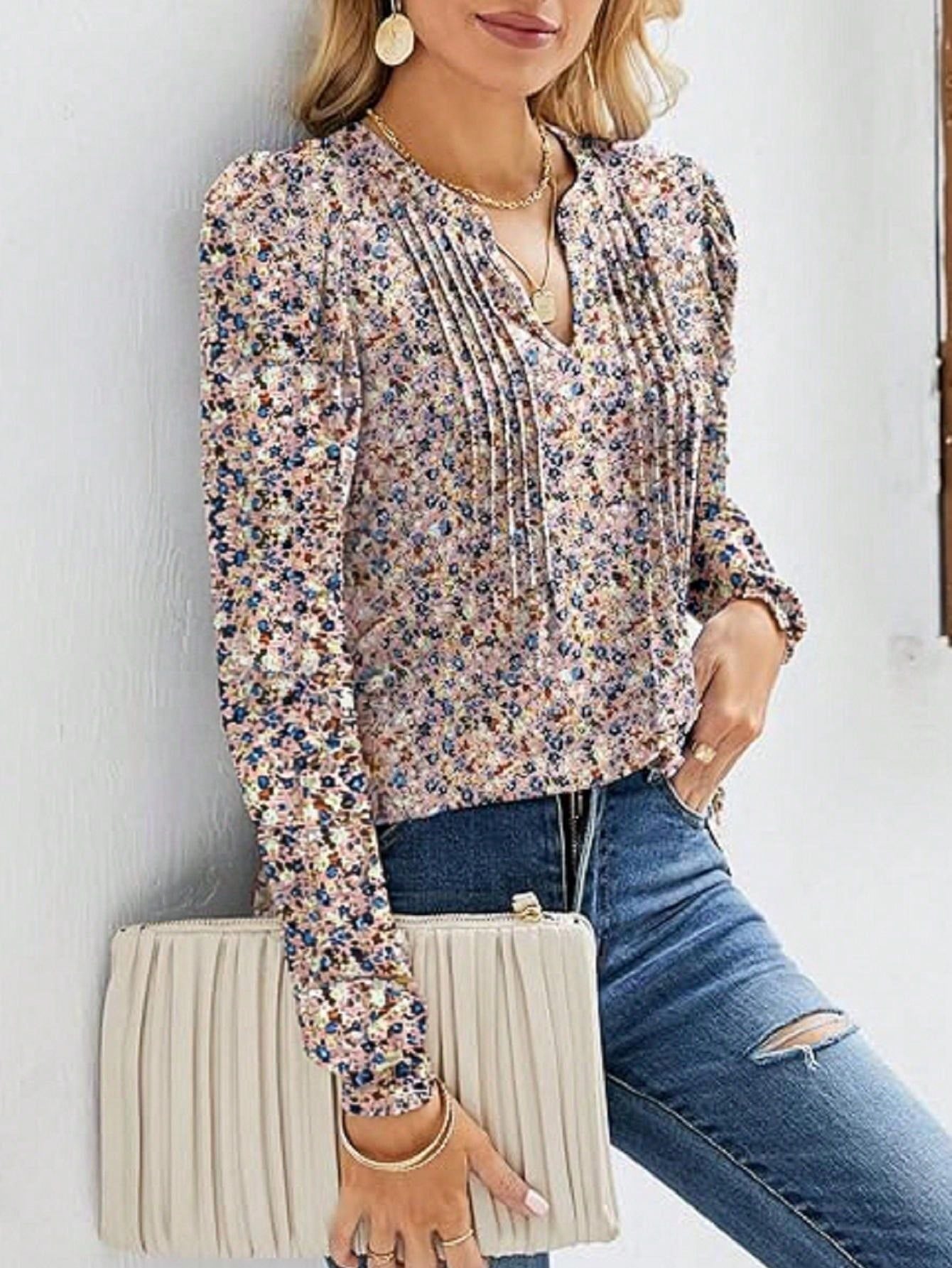 Women's Long Sleeve Casual Blouses Dressy Tunic Top V Neck Button Office Wear Fall Winter