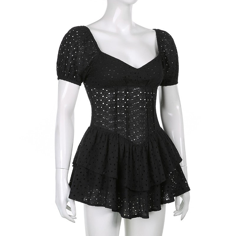 V Neck Ruffles Pleated Dress Women Puff Sleeve Chic Black Summer Dress 2025 Part