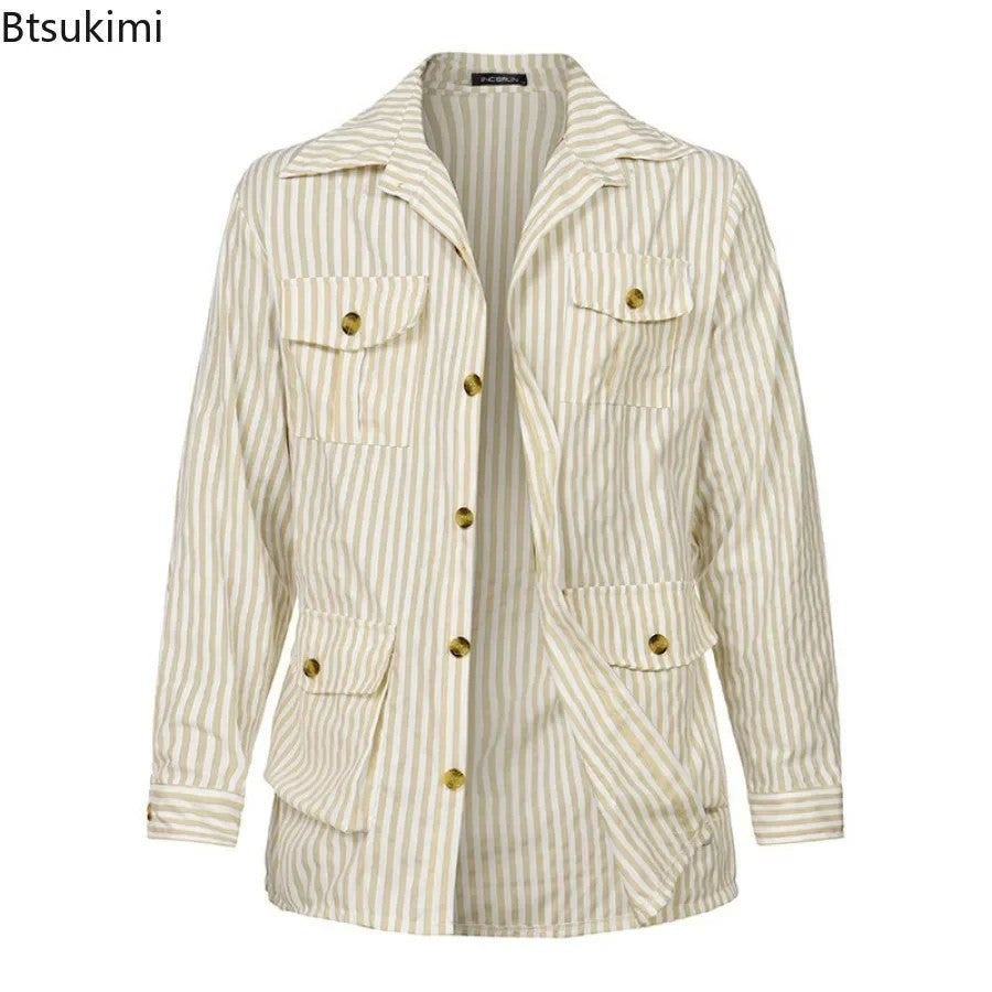 New 2025 Spring Autumn Men's Clothing Trend Striped Multi-pocket Men Cardigan Suit Jackets Business Casual Lace-up Coats for Men