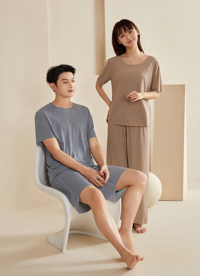 Super Thin Pajamas Suit Women Men Summer Ice Silk Cool Short-sleeved O-Neck Sleepwear Male Female Classic Simple Loungewear Suit