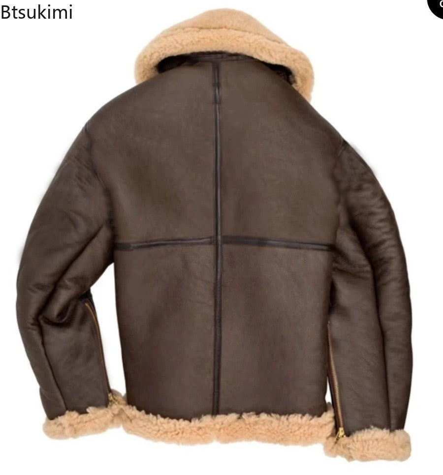 2025 Men's Winter Plush Leather Jacket Fashion Integrated Fur Thickened Warm Long Sleeve Cardigan Coats Leisure Versatile Jacket