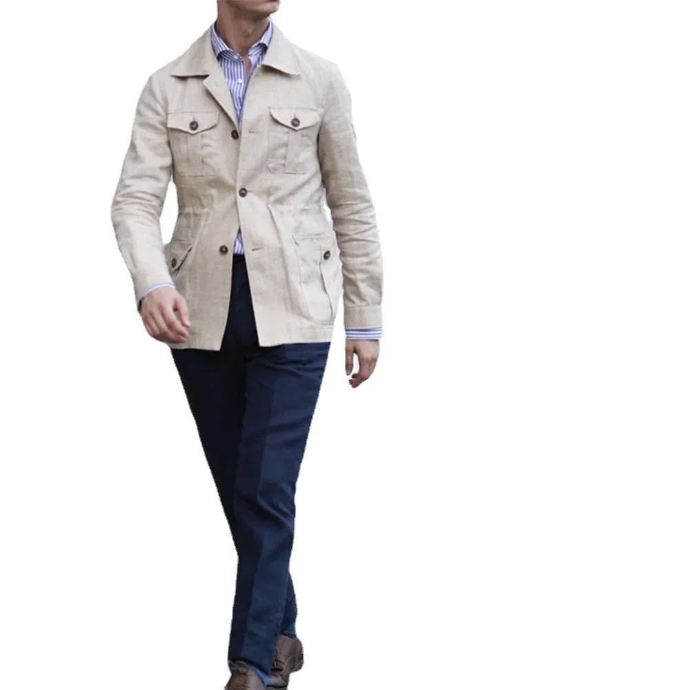 Mens Coats Safari Jacket Linen British Retro Gentry Suit Pockets Outerwear Fashion Solid Color Male Tops