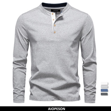 AIOPESON Men's Long SleeveT-shirt Fashion HIgh Quality Cotton t shirt for man button collar basic tshirt