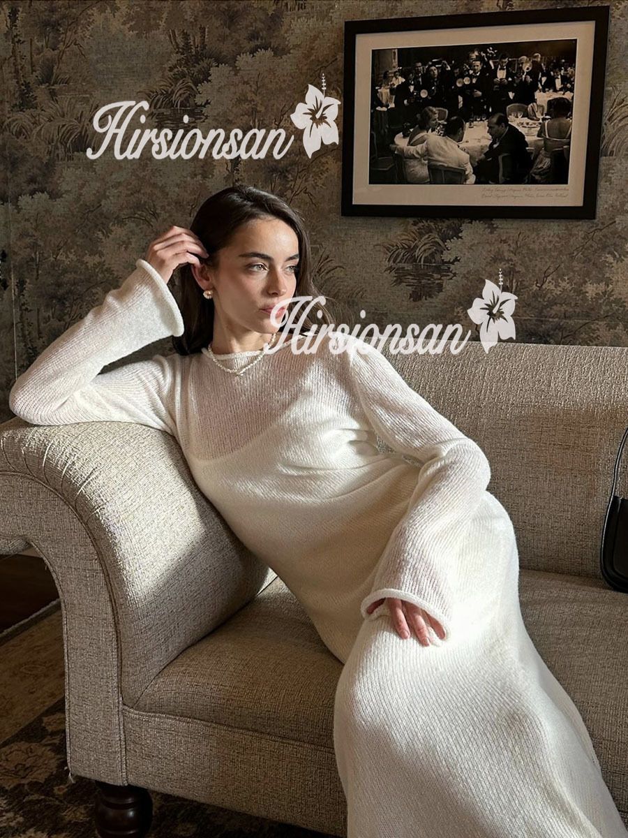 Hirsionsan Spring Autumn O-Neck Elastic Knit Long Dresses Women 2024 Elegant Chi
