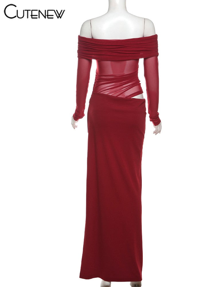 Cutenew Mesh Ruched Women Maxi Dress Sexy See Through Off Shoulder Long Sleeve S