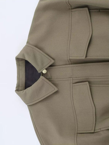 HH Woman Autumn Pleat Hem Pilot Jacket Solid Turn-Down Collar Zipper Single-Breasted Woman Fashion Long-Sleeved Pockets Coat