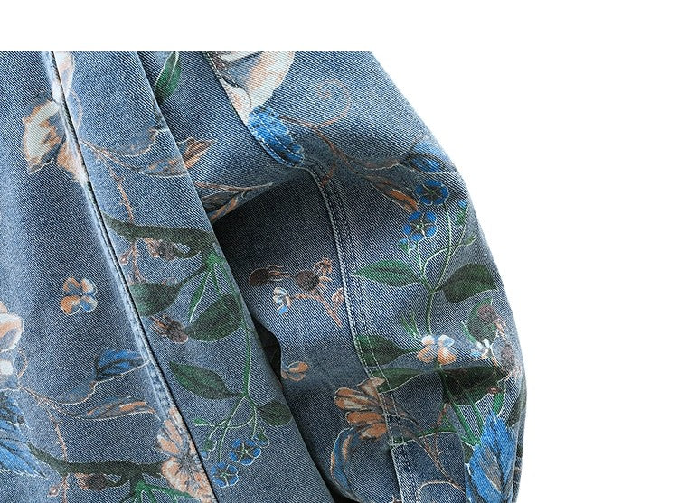 Vintage Floral Print Denim Jacket Men's Distressed Coat Streetwear Loose Fit Long Sleeve Jackets Korean Bomber Jeans Jacket