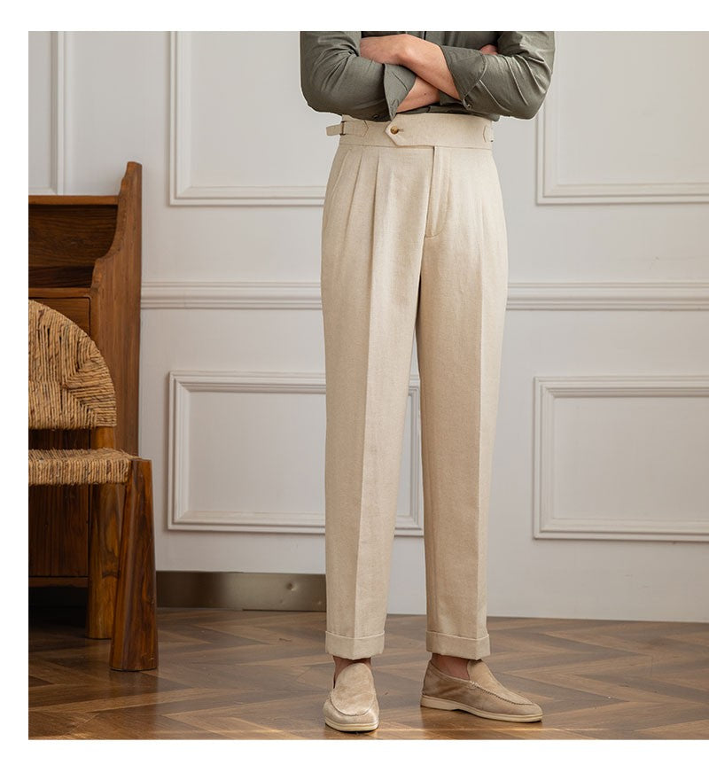 Three Gentleman Summer Naples Casual Straight Pants Men's Commuting Cotton and Linen Comfortable Breathable High Waist Pants