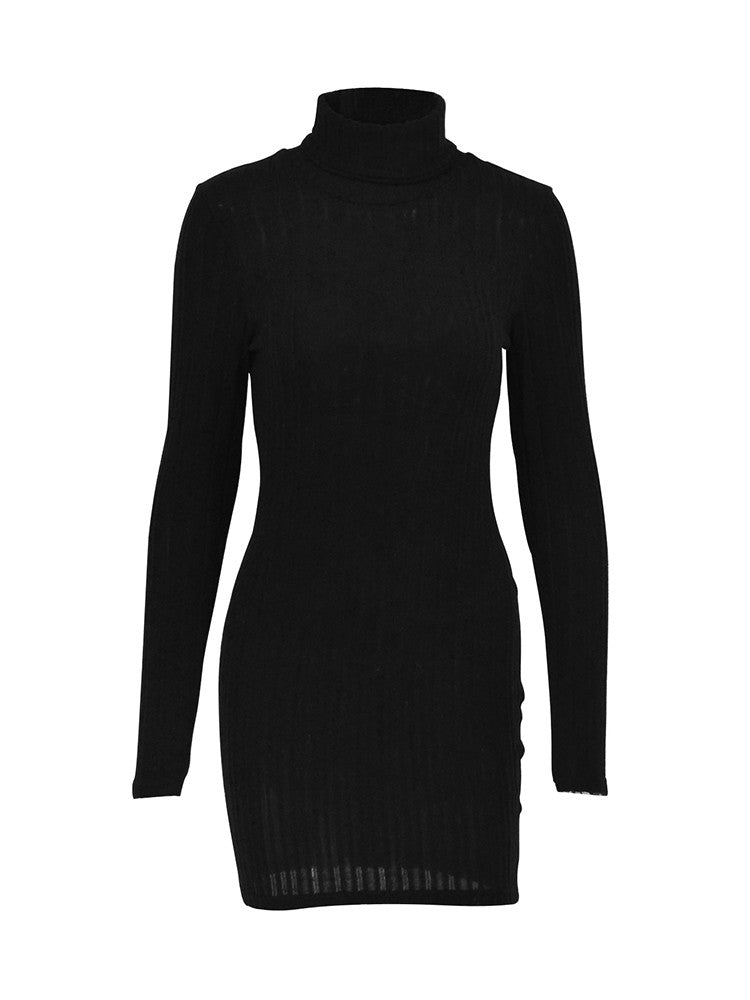 New Sexy Mini Dress For Women Autumn Black Solid Turtleneck Long Sleeves Sheath