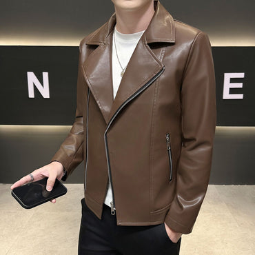 Autumn Men's Green Lapel PU Jacket, Black Faux Leather Motorcycle Coats, Coffee-Brown Casual Top, Asian Sizes Fit Slim Cut.