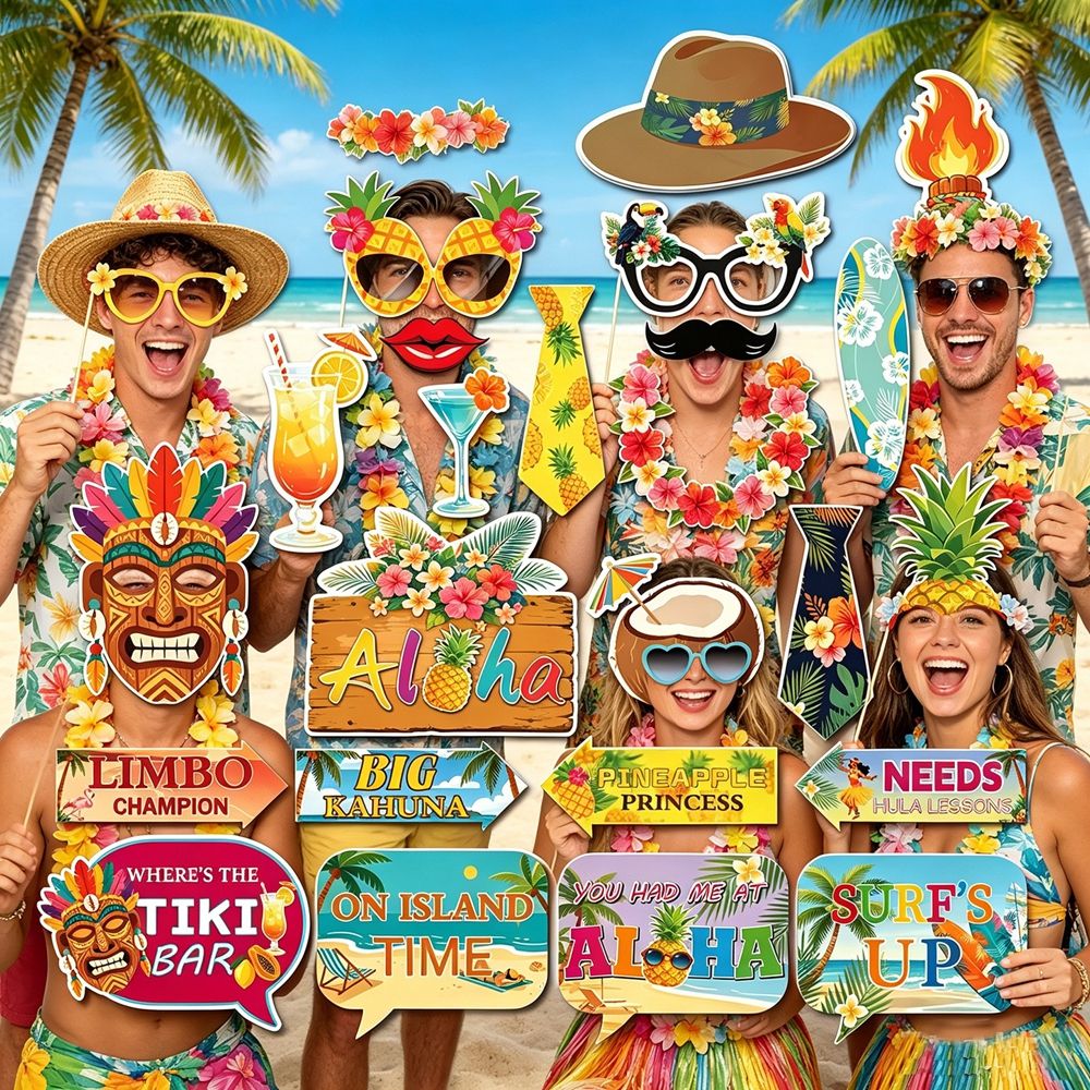 30Pcs Aloha Hawaiian Luau Photo Booth Props Tropical Tiki Aloha Summer Beach Pool Party Decorations Handheld Photography Props