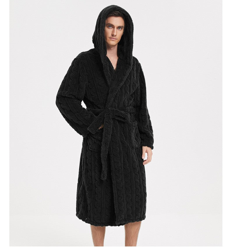 New American Cotton Velvet Jacquard Hooded Men's Dressing Gown with Fleece Thickened Autumn and Winter Couple Dressing Gown