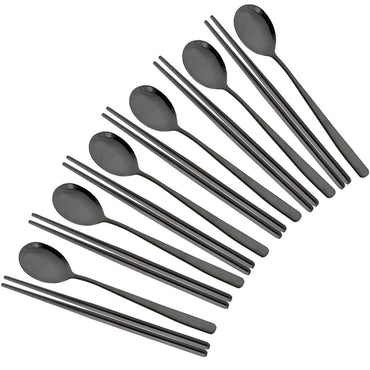 Drmfiy Western 6Set Black Dinnerware 304 Stainless Steel Tableware Long Handle Spoons Chopsticks Metal Korean Silverware Set