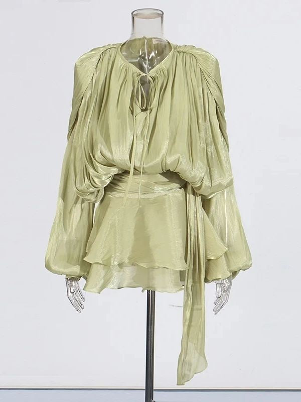 TWOTWINSTYLE Elegant Ruched Mini Dress For Women Round Neck Lantern Long Sleeve