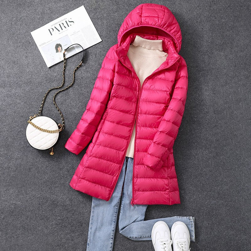 Women's X-long Office Lady Hat Detachable Puffer Jackets 2025 New Arrival Autumn Winter White Duck Down Warm Coat