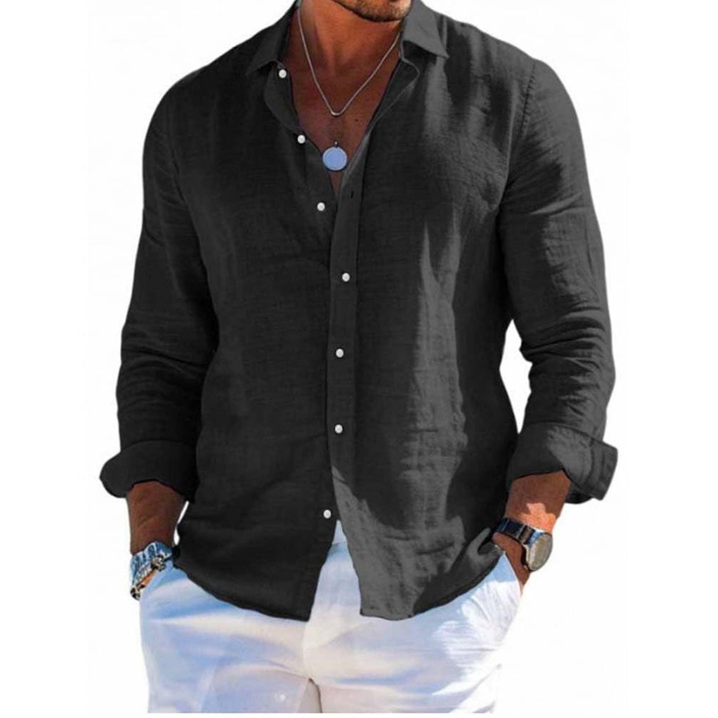 Men's tops long sleeve new style shirt cotton linen cool solid color loose lapel casual beach style cardigan spring and summer