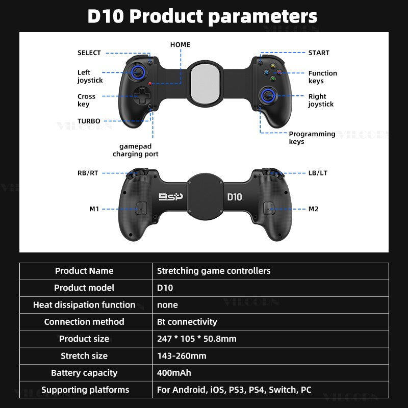 D10/D10S Mobile Game Controller Tablet Wireless Gamepad For Android/IOS/Switch/PS3/PS4 Stretching Joystick with M1M2