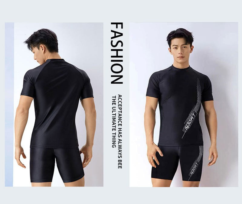 Men Swimsuit O-Neck Short Sleeve Mid-rise Swimming Suit Printing Slim Fit T-shirt Swimming Trucks Set Beachwear