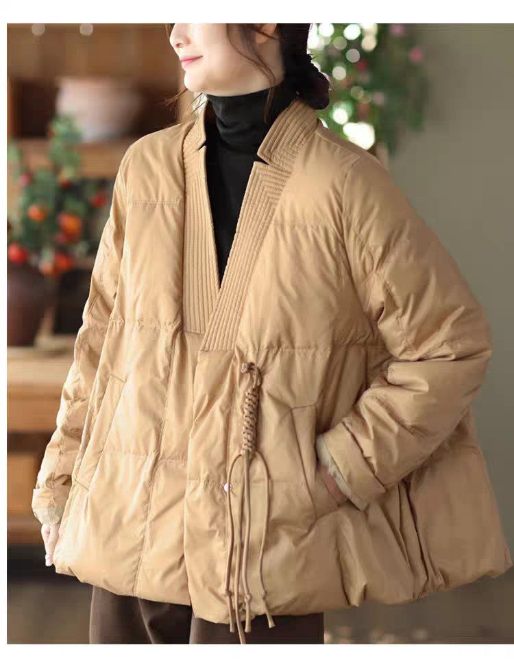Vefadisa 2024 Autumn Winter New Red Women Parkas Coat V-neck Long Sleeve Short Parkas Casual Warm All-match Parkas Coat ZXY1194A