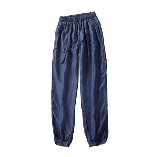 Summer Thin Ice Silk Jeans Women Elastic High Waist Drawstring Harem Pants Loose All-matched Beam Leg Nine Points Denim Pants