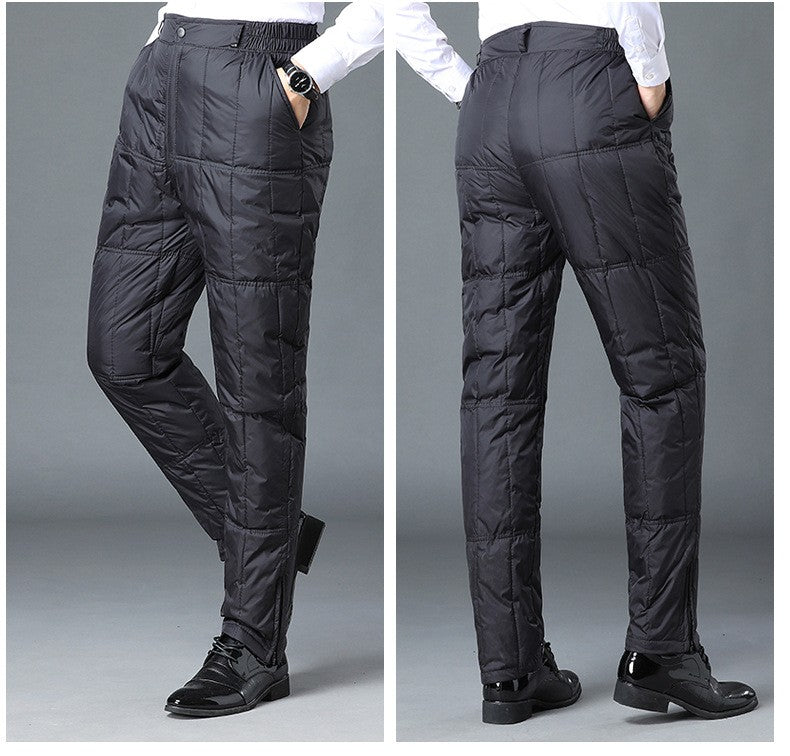 Inverno Masculino Calça de Pato Branco Cintura Alta Engrossada Quente Corta-Vento Térmica Calças para Homem de Meia-Idade PT-593
