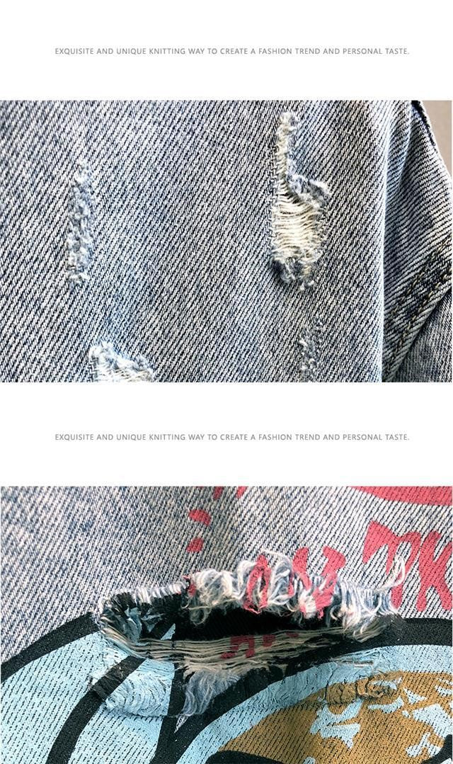 Fashion Cartoon Graphic Print Denim Jacket Men Streetwear Trend Hole Casual Loose Jean Jackets Coat Tops Clothing