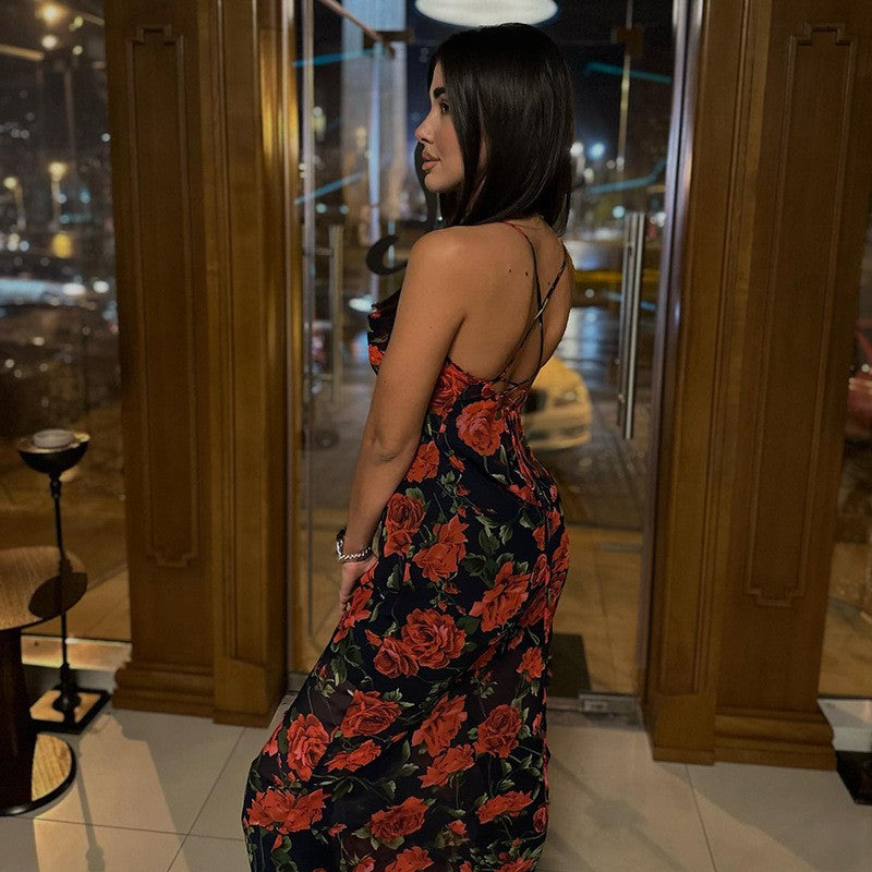 Flowers Print Spaghetti Strap Dresses Women Temperament Package Hip Bodycon Long