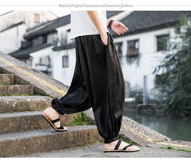 FGKKS 2023 Outdoor Brand Pants For Men Lce Silk Dragon Dark Flower Loose Bloomers High Quality Wide Leg Casual Trousers Male