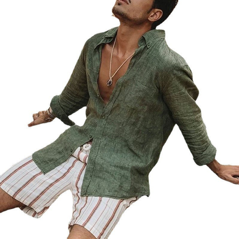 Men's new men's long sleeve buttoned cotton linen shirt lapel cardigan
