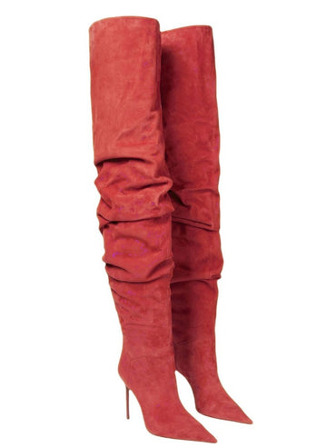 Women's New Pointed Pleated High-heeled Knee High Boots, Autumn and Winter Suede Thigh Boots, Women's Plus Size Stacking Boots